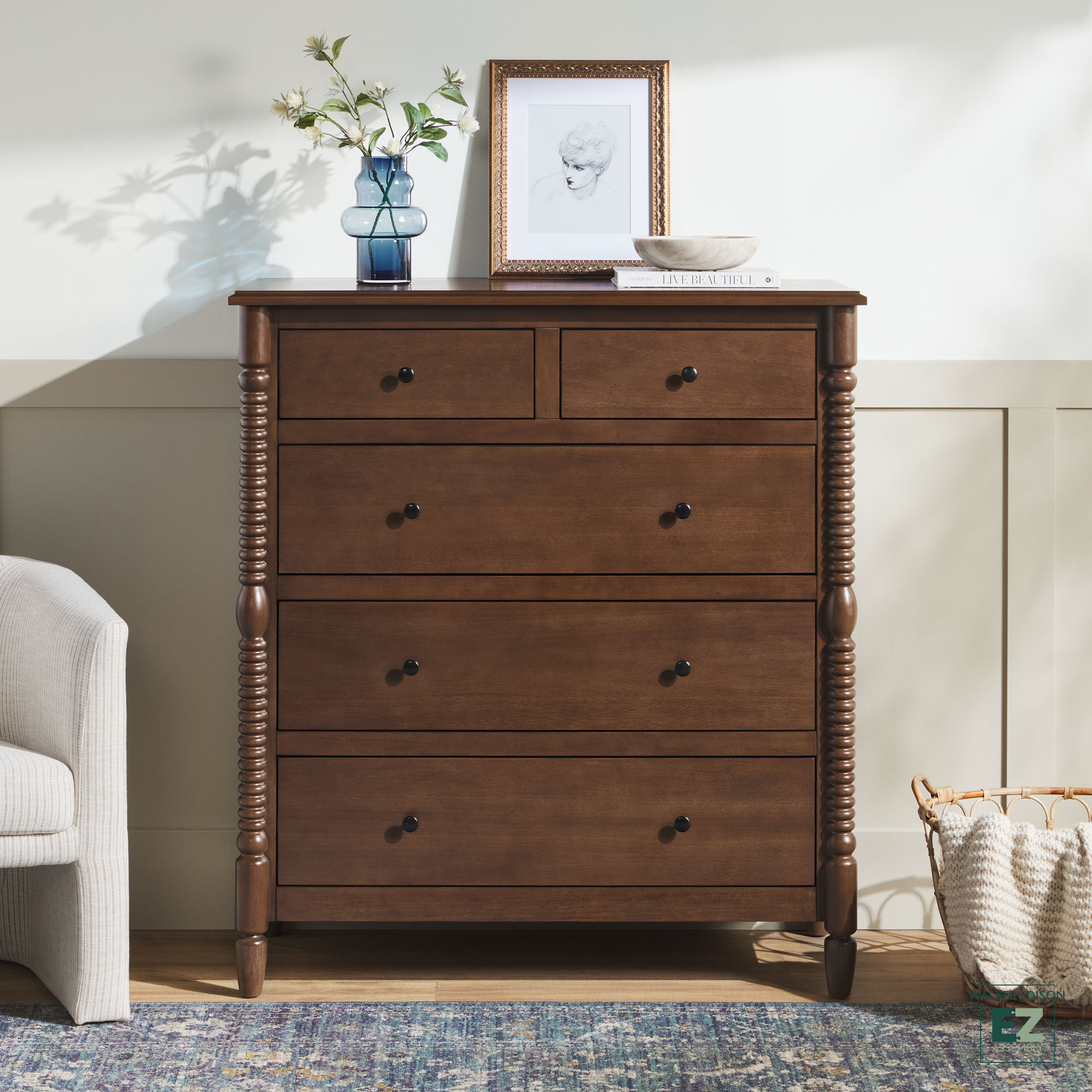 Walker Edison Vivienne Easy Assembly Solid Wood Spindle 5-Drawer